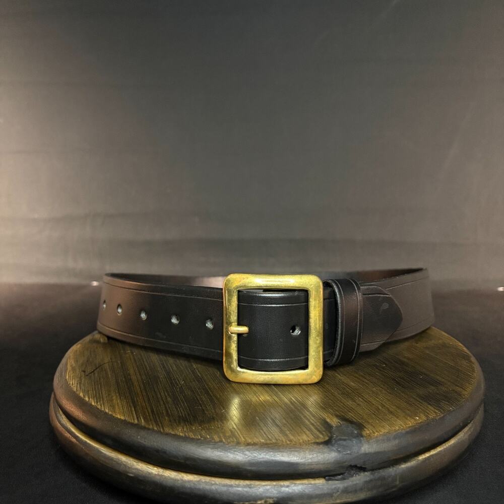Aker Garrison Belt Size 32" B08 Pant Plain Black Leather Brass Buckle 1.5" Wide